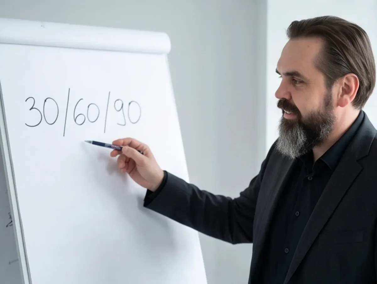 Paweł Rydzewski zapisuje na flipcharcie przeglądy 30, 60 i 90 dni